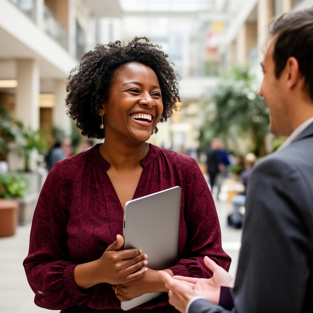 Faculty member in conversation with a colleague in a university atrium